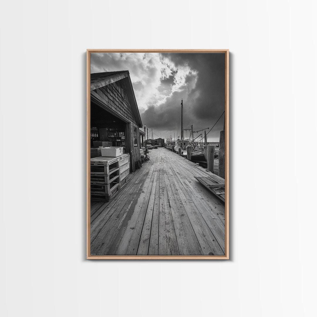 Fishing Dock, coastal decor, nautical wall art, seascape painting, rustic wall art, Nantucket painting, framed canvas print, horizontal art
