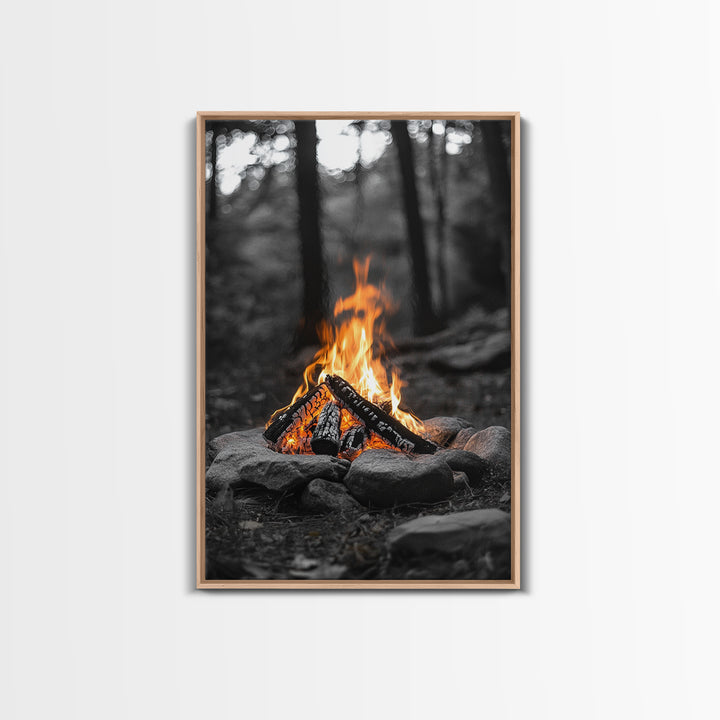 Campfire, rustic art, outdoor adventure, framed canvas print, wilderness decor, bonfire night, cozy cabin wall art, moody art, fall vibes