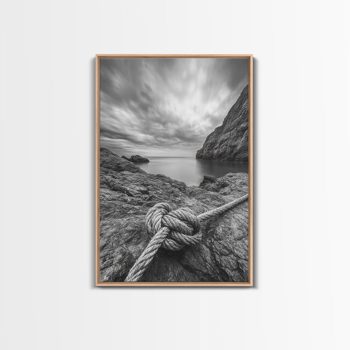 Nautical art, rope knot, coastal decor, moody art, wabi sabi art, rustic photography, living room art, canvas print, panoramic wall art