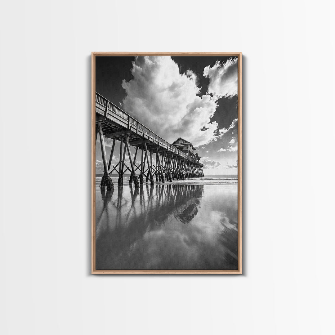Pier reflection, seascape painting, nautical decor, rustic wall art, black and white photography, extra wide art, framed canvas print