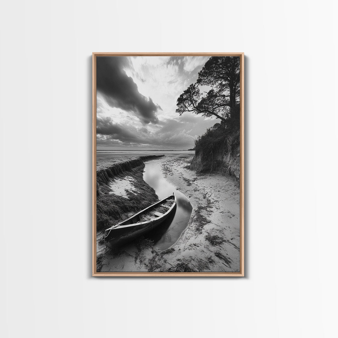Abandoned boat, coastal decor, moody art, wabi sabi wall art, nature photography, nautical art, black and white wall art, canvas print