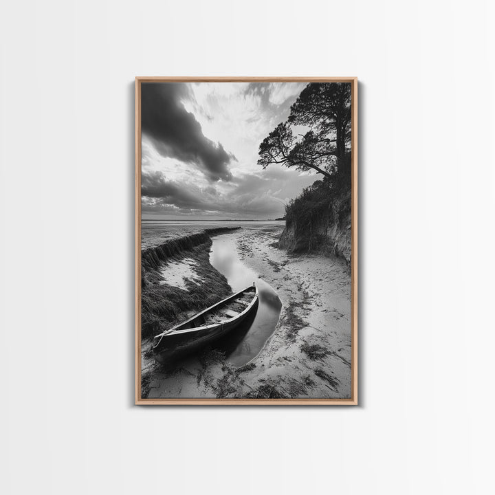 Abandoned boat, coastal decor, moody art, wabi sabi wall art, nature photography, nautical art, black and white wall art, canvas print