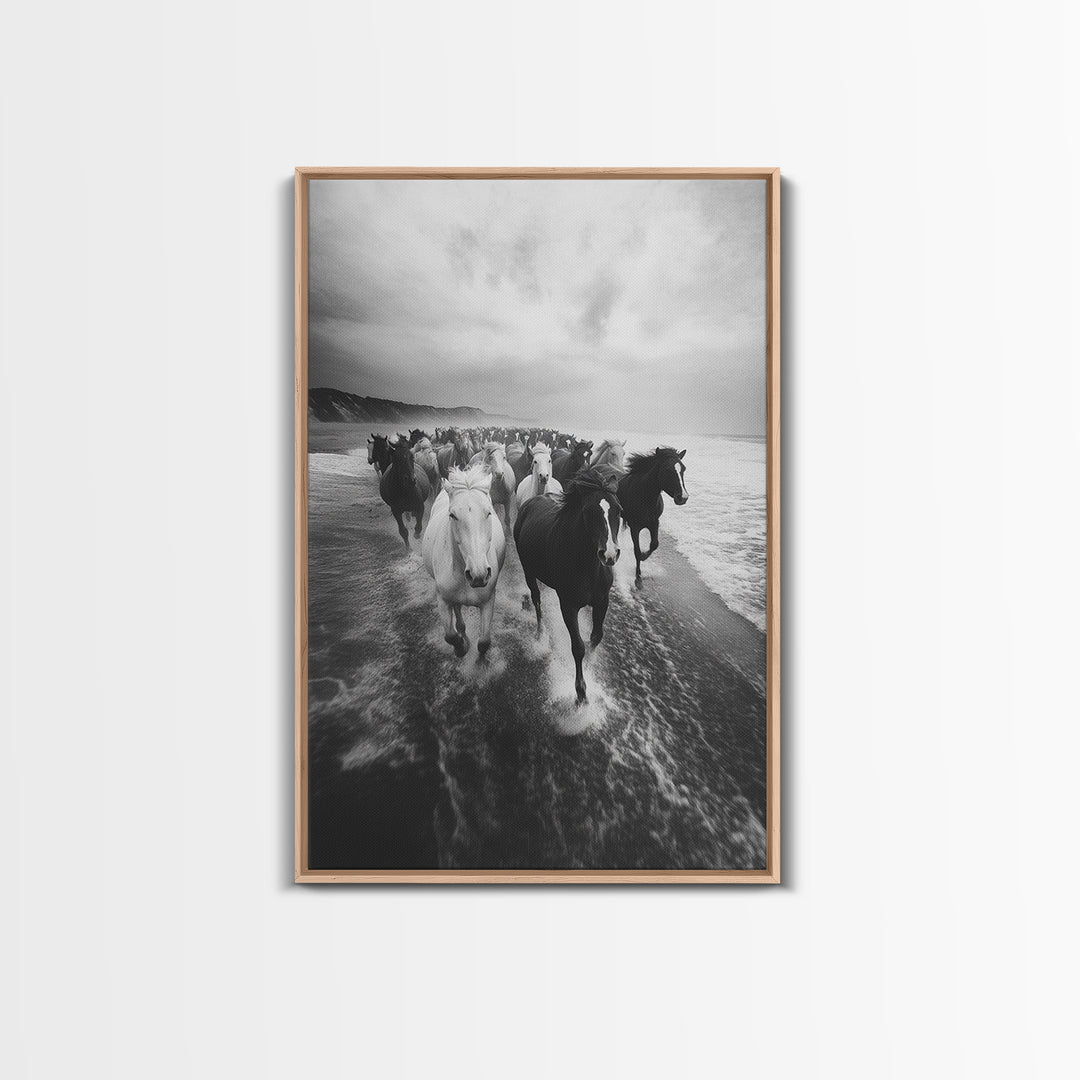 Horse wall art, wild mustangs, moody art, rustic decor, nature photography, black and white art, panoramic art, canvas print, living room art