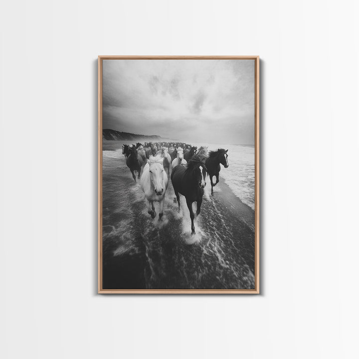 Horse wall art, wild mustangs, moody art, rustic decor, nature photography, black and white art, panoramic art, canvas print, living room art