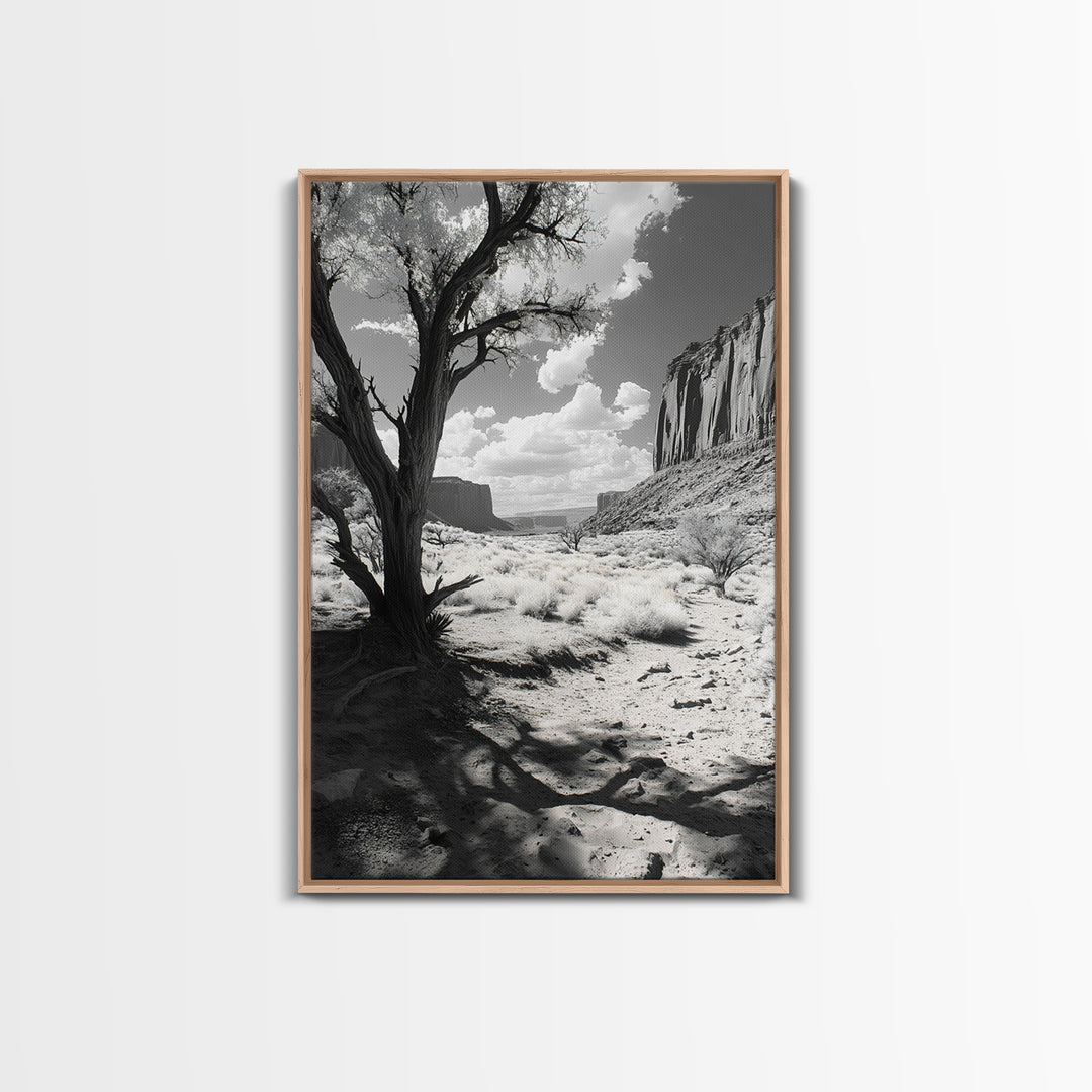 Desert landscape, Joshua tree art, western wall art, framed canvas print, southwest decor, black and white nature, rustic desert scene