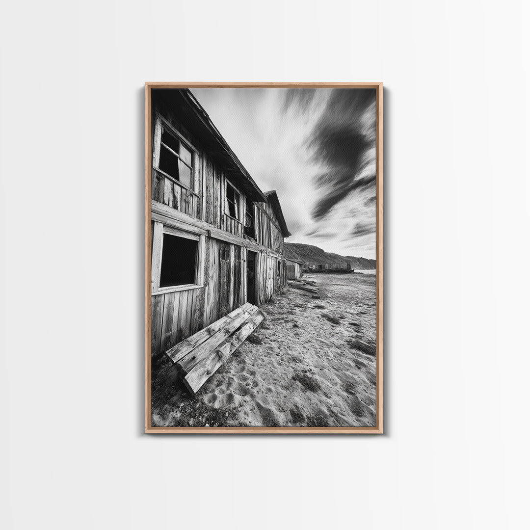 Rustic barn, farmhouse art, abandoned building, vintage Christmas, moody art, black and white wall art, wabi sabi wall art, framed canvas print