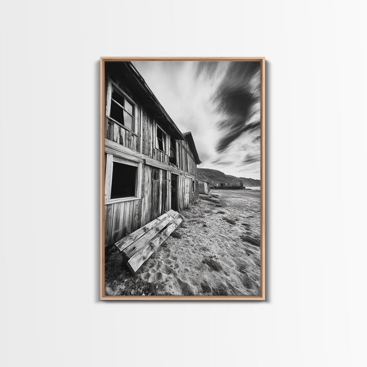 Rustic barn, farmhouse art, abandoned building, vintage Christmas, moody art, black and white wall art, wabi sabi wall art, framed canvas print