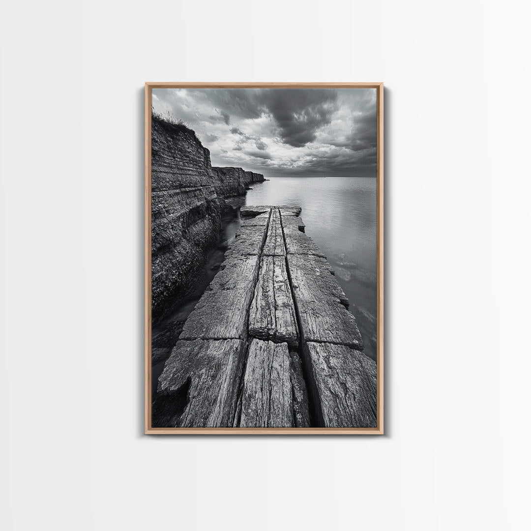 Cliffside view, nautical decor, rustic photography, seascape painting, wabi sabi art, black and white art, canvas print, above sofa art
