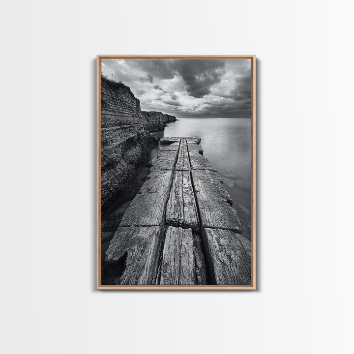 Cliffside view, nautical decor, rustic photography, seascape painting, wabi sabi art, black and white art, canvas print, above sofa art