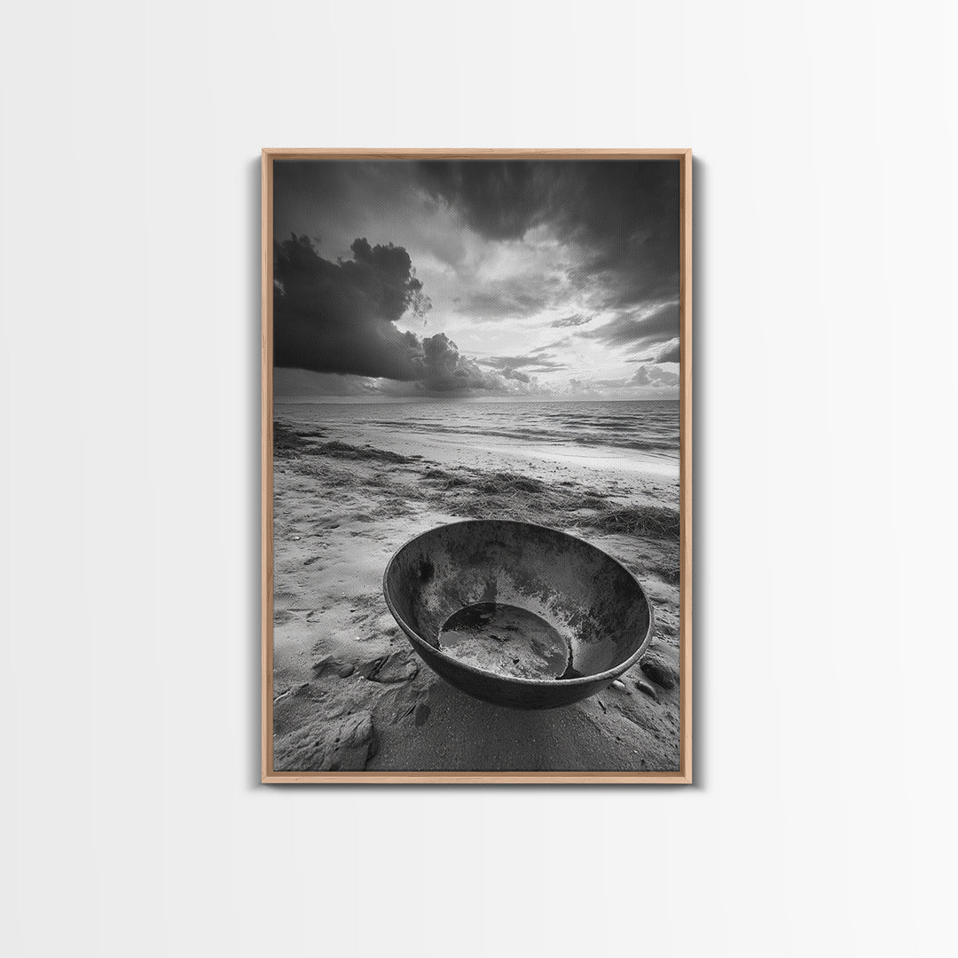 Beach bowl, wabi sabi wall art, coastal decor, moody art, minimalist art, black and white photography, framed canvas print, extra wide art