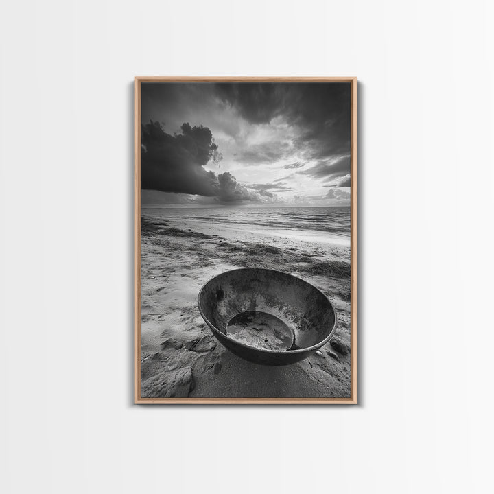 Beach bowl, wabi sabi wall art, coastal decor, moody art, minimalist art, black and white photography, framed canvas print, extra wide art