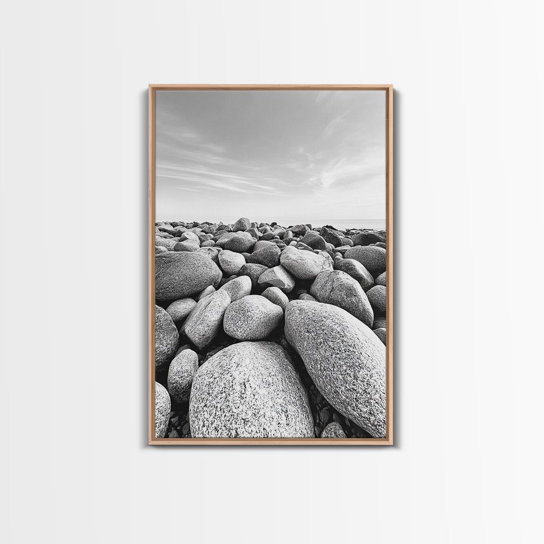 Stone beach, coastal landscape art, black and white art, wabi sabi wall art, minimalist art, nature photography, framed canvas print