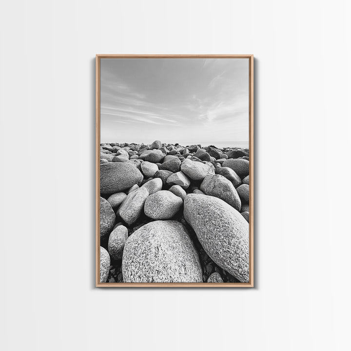 Stone beach, coastal landscape art, black and white art, wabi sabi wall art, minimalist art, nature photography, framed canvas print