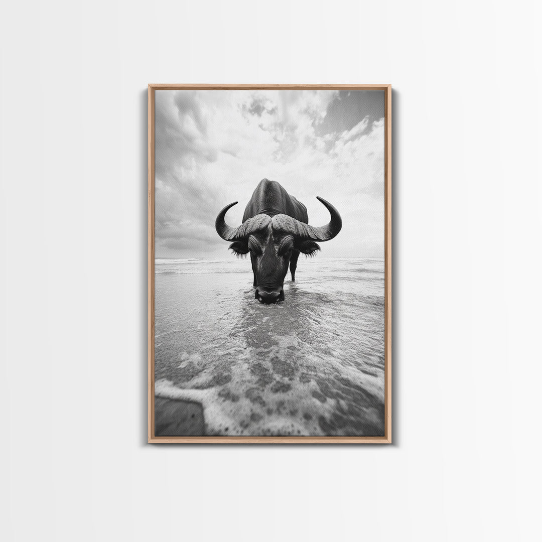 Buffalo art, bull and bear art, moody photography, black and white wall art, unique wildlife art, wabi sabi art, canvas print, farmhouse decor