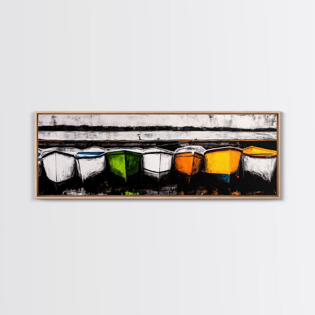 Boats at Dock, nautical painting, coastal wall art, rustic art, extra wide art, panoramic painting, above sofa art, Canvas Print