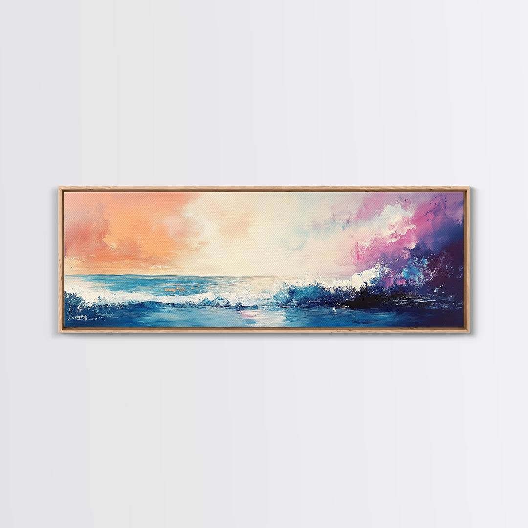 Ocean Sunset Waves, coastal painting, seascape painting, nautical wall art, pink orange wall art, extra wide art, Canvas Print
