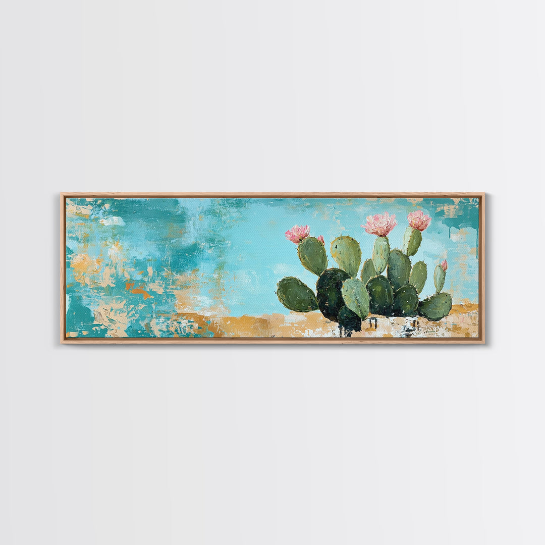Blooming Cactus, agave painting, botanical prints, desert landscape art, teal wall art, wabi sabi art, rustic decor, Framed Canvas Print