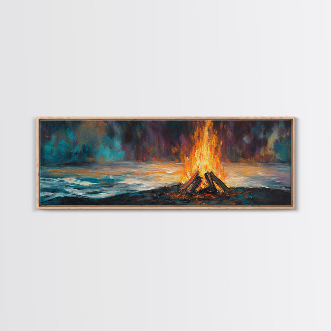 Bonfire, moody art, coastal landscape art, rustic decor, extra wide art, above bed wall art, gift idea for him, Canvas Print