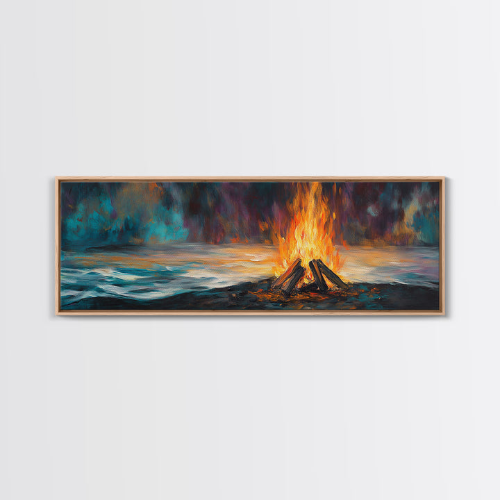 Bonfire, moody art, coastal landscape art, rustic decor, extra wide art, above bed wall art, gift idea for him, Canvas Print