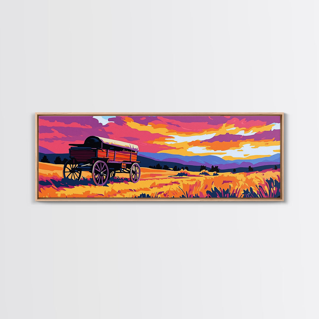 Prairie Wagon, rustic wall art, farmhouse art, cowboy painting, western decor, tall narrow art, panoramic painting, framed canvas print