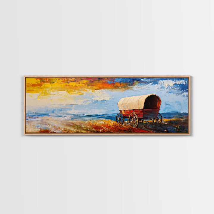 Country Wagon, coastal decor, rustic wall art, panoramic painting, barn landscape oil painting, boho art, Framed Canvas Print, gift idea