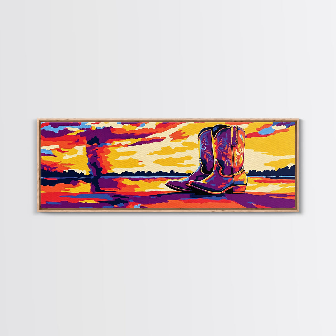 Cowboy Boots Art, Pink Orange Wall Art, Coastal Cowgirl Wall Art, Framed Canvas Print, Western Decor, Extra Wide Art, Rustic Art