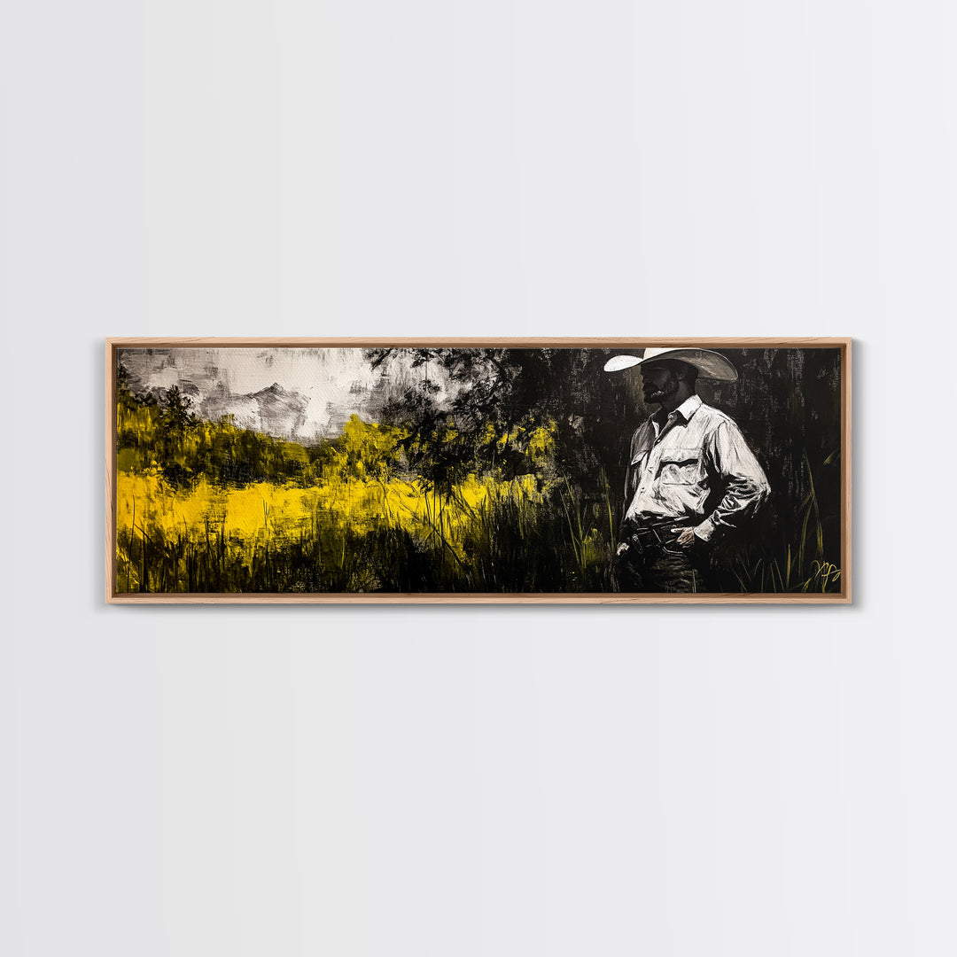Cowboy in Field, Rustic Wall Art, Farmhouse Art, Canvas Print, Vintage Horse Art, Extra Wide Art, Moody Art, Wabi Sabi Art