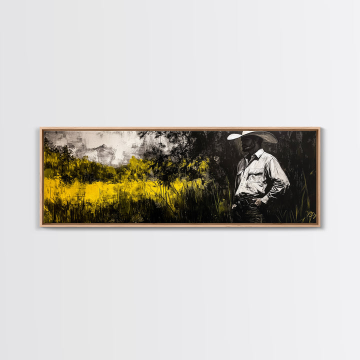Cowboy in Field, Rustic Wall Art, Farmhouse Art, Canvas Print, Vintage Horse Art, Extra Wide Art, Moody Art, Wabi Sabi Art