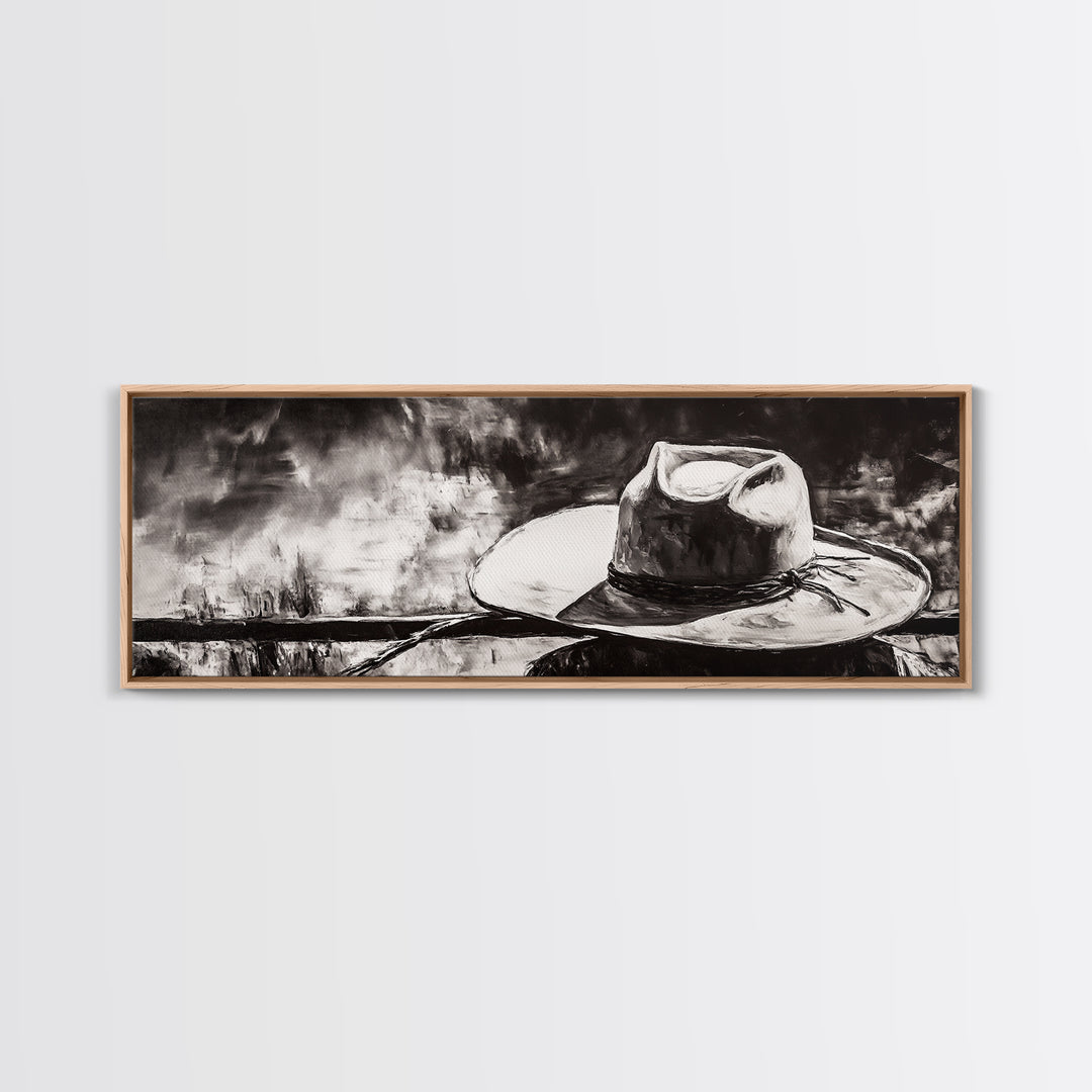 Western Hat Art, Black and White Art, Framed Canvas Print, Rustic Wall Art, Wabi Sabi Art, Extra Wide Art, Minimalist Art