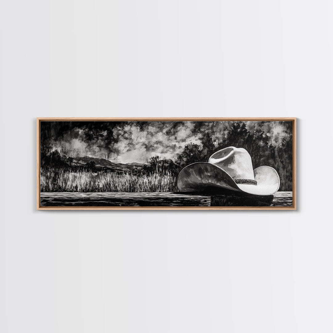 Black and White Art, cowboy hat painting, rustic decor, farmhouse art, extra wide art, panoramic art, framed canvas print, landscape painting