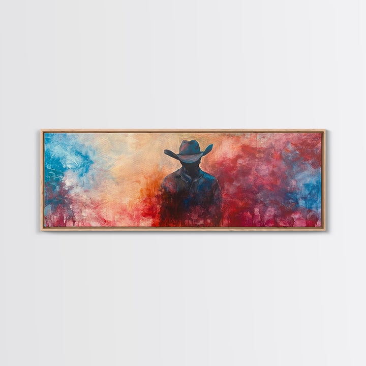 Moody Cowboy Art, dark romance painting, rustic wall art, southwest wall art, extra wide art, framed canvas print, panoramic painting