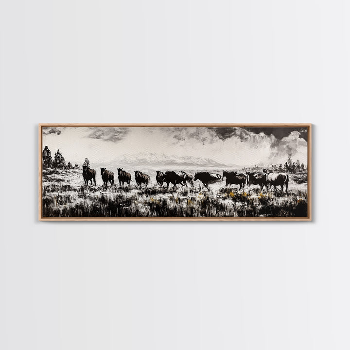 Black And White Wall Art, Framed Canvas Print, Vintage Horse Art, Rustic Wall Art, Extra Wide Art, Moody Art, Western Art, Above Bed Art