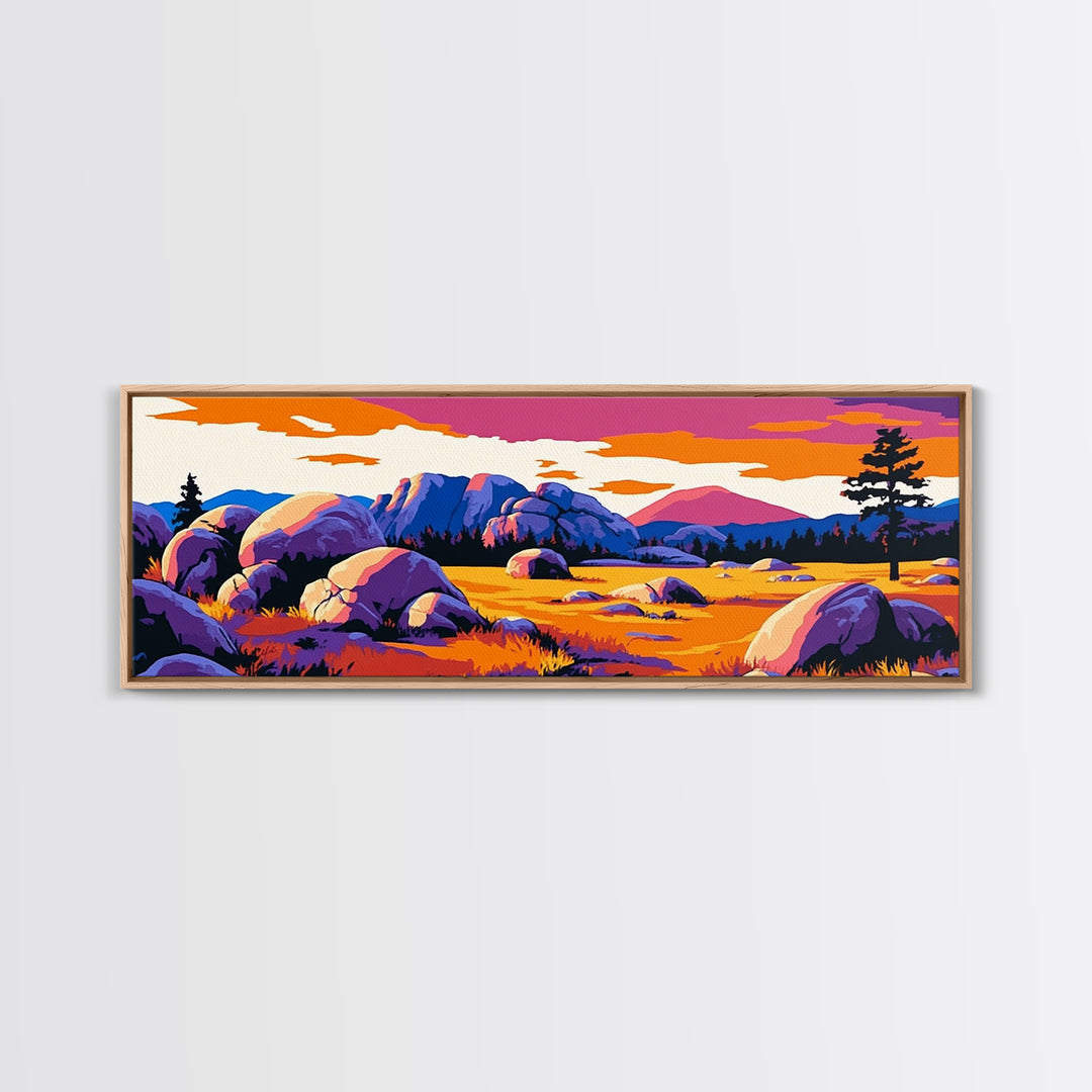 Southwest landscape, sunset painting, Joshua tree art, pink orange wall art, extra wide art, rustic decor, framed canvas print