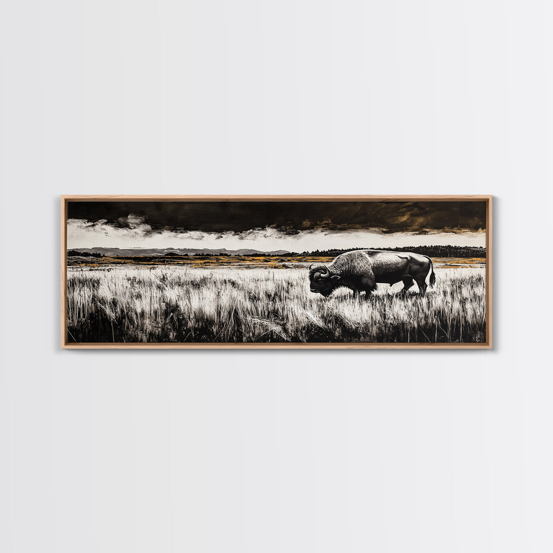 Bison painting, rustic art, black and white wall art, moody art, western decor, panoramic painting, extra wide art, framed canvas print