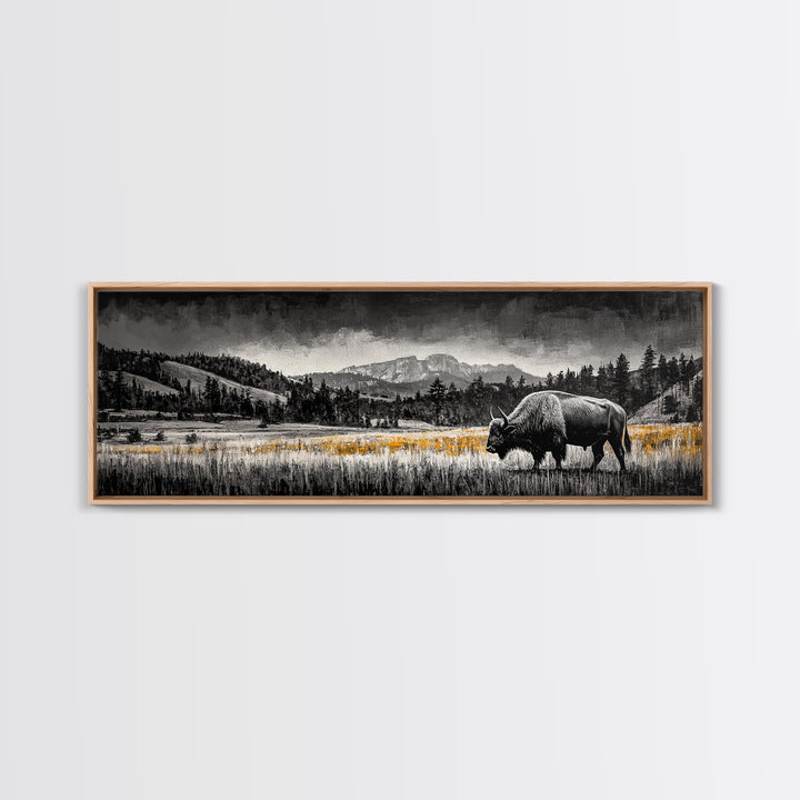 Bison art, mountain painting, black and white western art, farmhouse art, smoky mountain art, extra wide art, framed canvas print