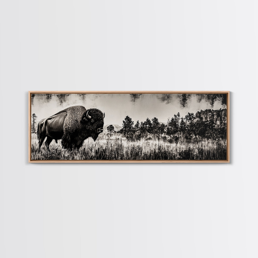 Bison landscape, black and white western painting, rustic decor, extra wide art, smoky mountain art, panoramic painting, framed canvas print
