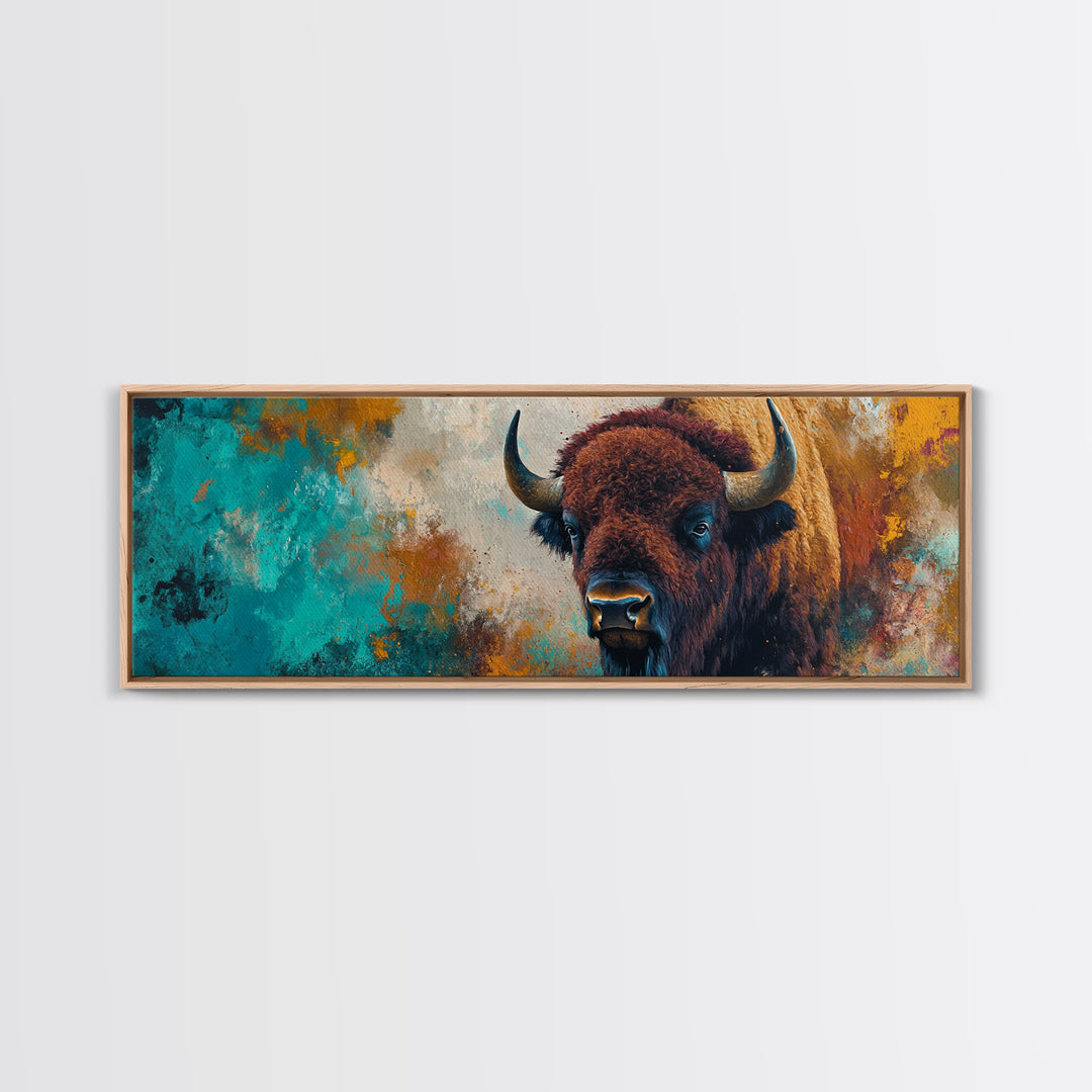 Bold bison painting, teal and orange art, rustic wall art, farmhouse decor, boho art, extra wide western painting, canvas print
