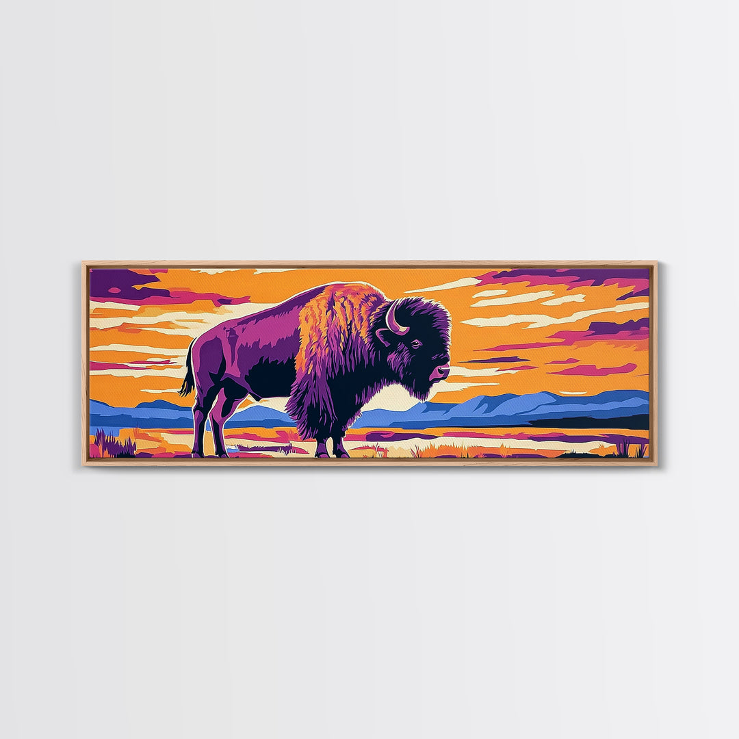 Bison, sunset, southwest wall art, buffalo, pink orange wall art, panoramic art, framed canvas print, extra wide art, rustic decor