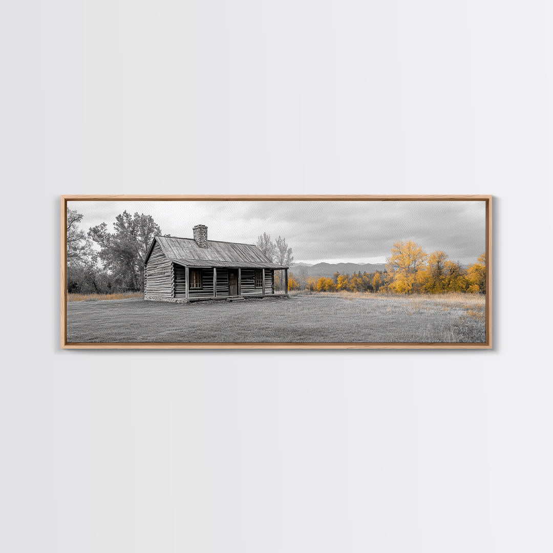 Log Cabin, Fall Art, Rustic Wall Art, Farmhouse Art, Cozy Cabin Art, Landscape Painting, Wabi Sabi Art, Above Couch Art, Framed Canvas Print