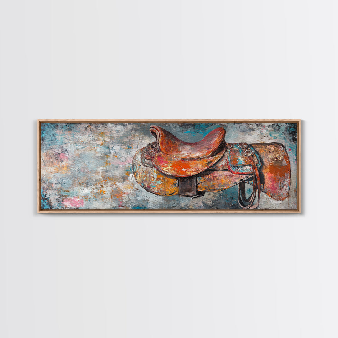 Abstract Saddle, horse wall art, abstract art, rustic decor, extra wide art, framed canvas print, above sofa art, living room decor