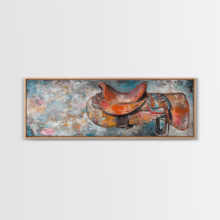 Abstract Saddle, horse wall art, abstract art, rustic decor, extra wide art, framed canvas print, above sofa art, living room decor