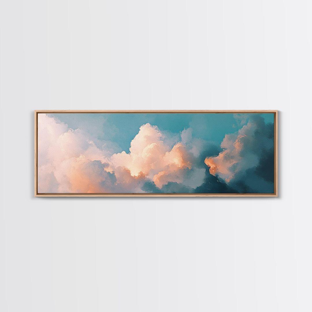 Cloud painting, sky wall art, soft pastel art, extra wide art, bedroom art, panoramic painting, framed canvas print, wabi sabi art
