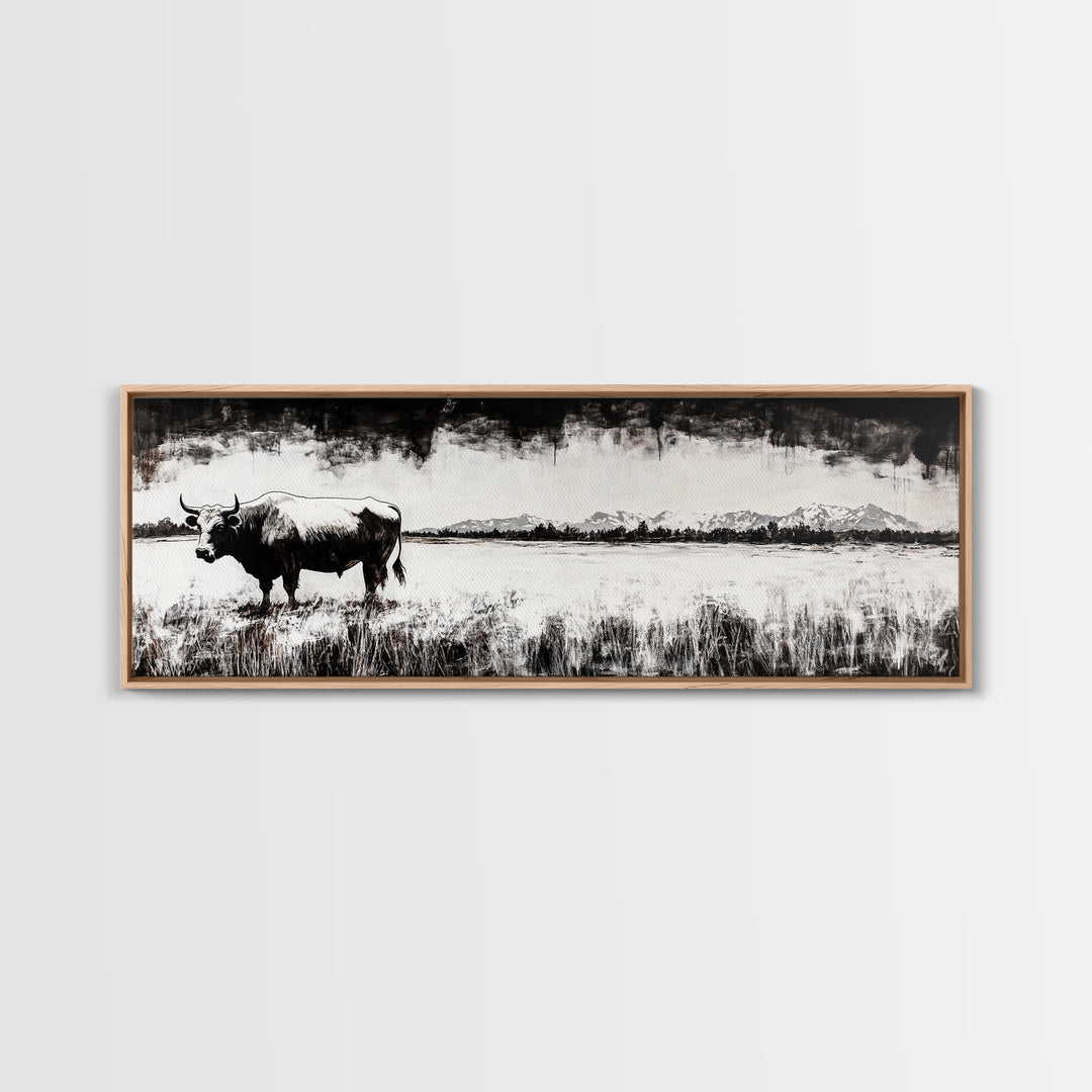 Bull and bear art, black and white painting, rustic wall art, farmhouse decor, extra wide art, framed canvas print, moody art, landscape painting