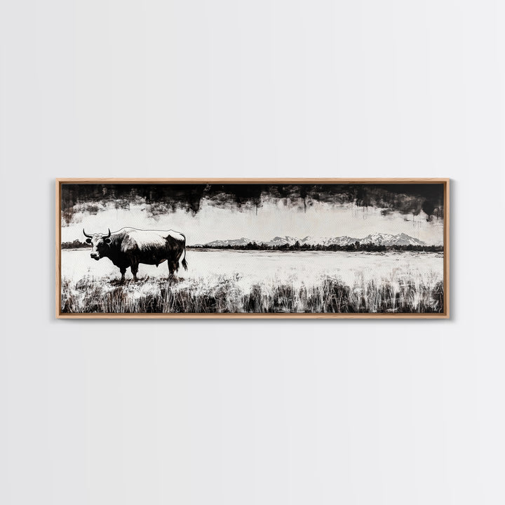 Bull and bear art, black and white painting, rustic wall art, farmhouse decor, extra wide art, framed canvas print, moody art, landscape painting