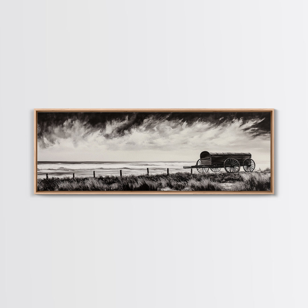 Stormy Wagon, black and white art, moody western painting, rustic decor, farmhouse wall art, extra wide panoramic art, framed canvas print.