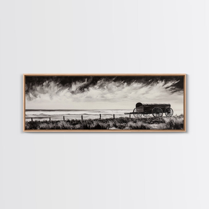 Stormy Wagon, black and white art, moody western painting, rustic decor, farmhouse wall art, extra wide panoramic art, framed canvas print.