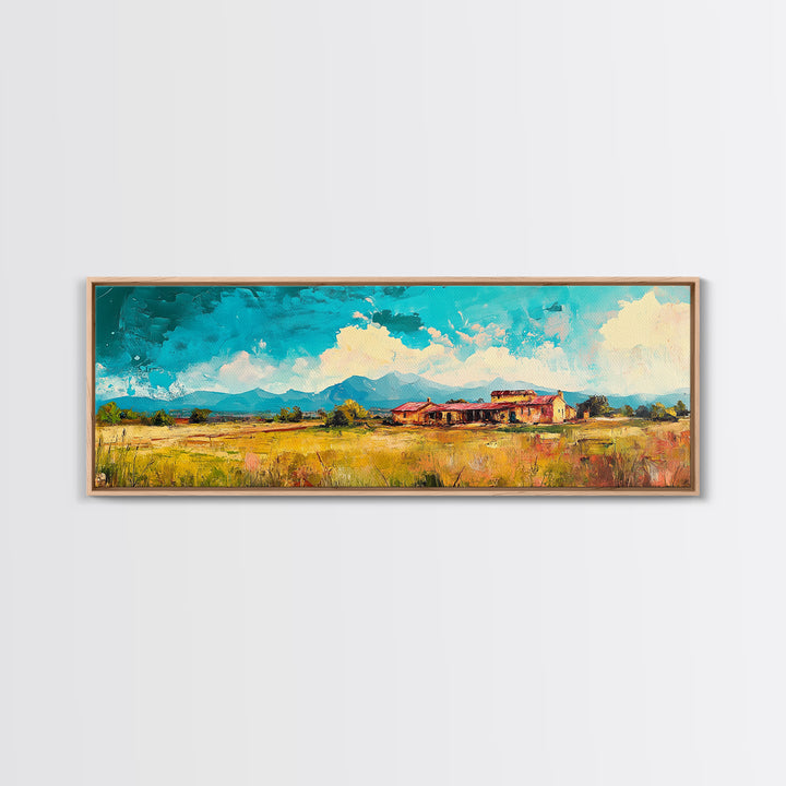 Desert Homestead, western wall art, rustic art, farmhouse painting, southwest landscape painting, extra wide art, framed canvas print