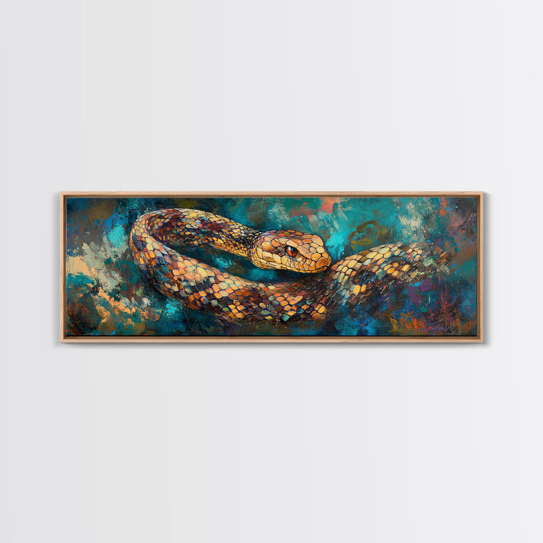 Coiled Serpent, moody art, snake painting, dark romance art, gothic decor, rustic wall art, panoramic wall art, framed canvas print
