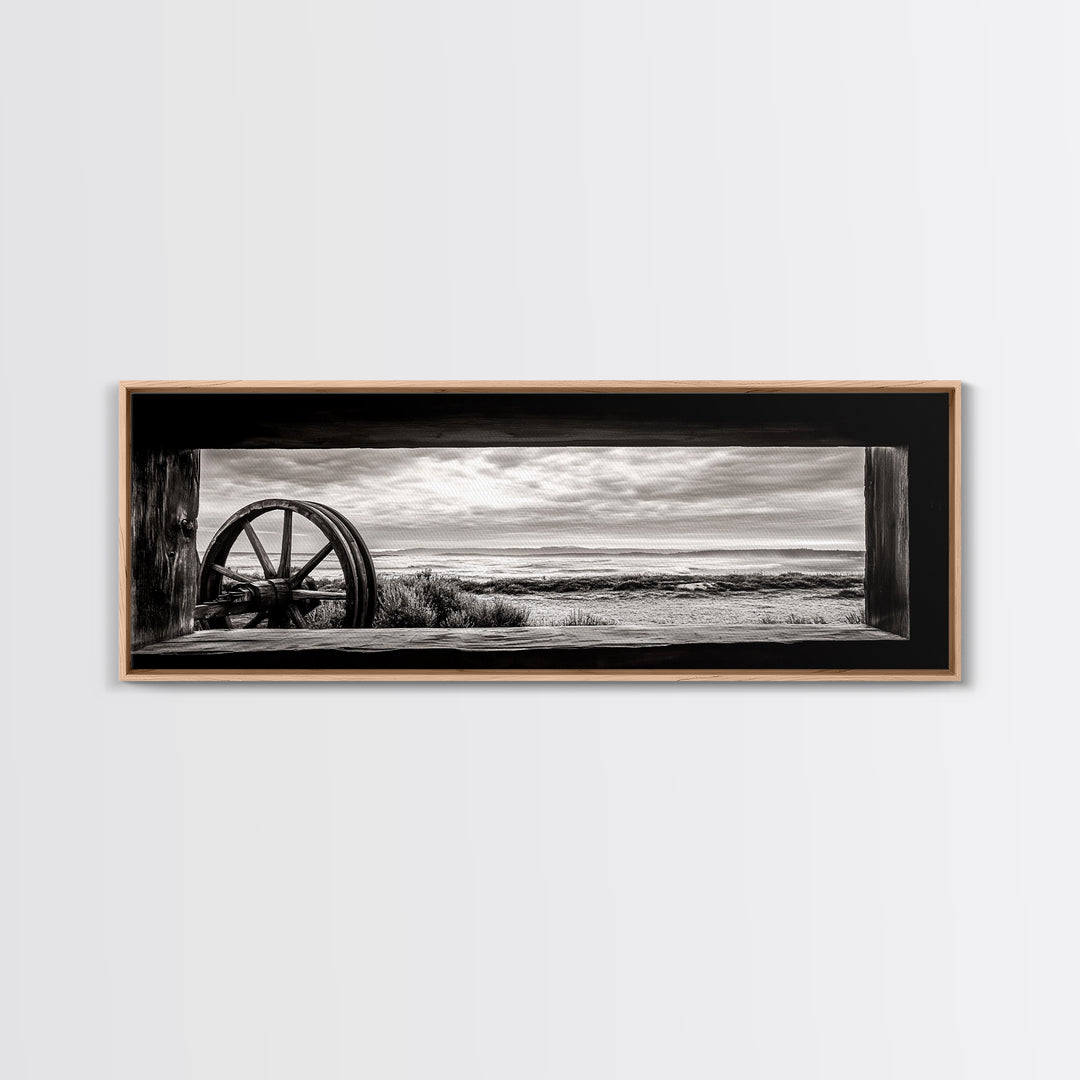 Black White Wagon, rustic decor, panoramic art, moody art, extra wide art, barn landscape oil painting, framed canvas print, living room art