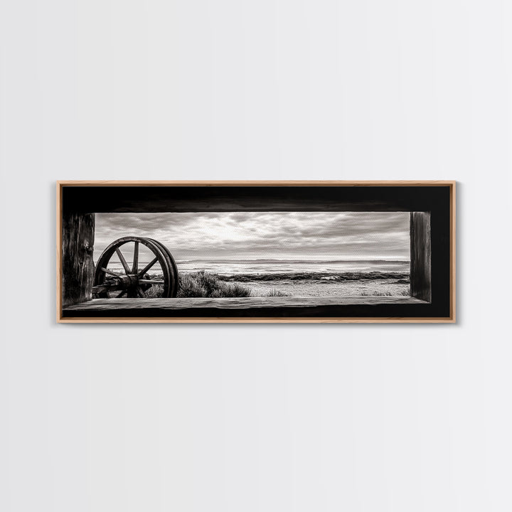 Black White Wagon, rustic decor, panoramic art, moody art, extra wide art, barn landscape oil painting, framed canvas print, living room art